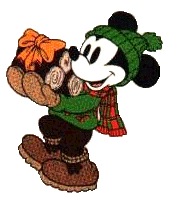 mickey holding fire wood.