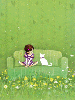 cute kawaii lil girl with a white cat on a green sofa