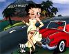 Betty Boop standing in front of little red sports car hitch hiking